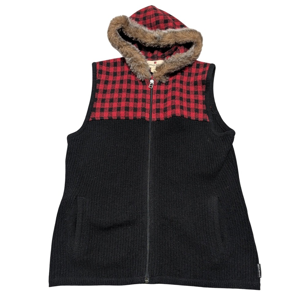 Woolrich Womens Lambswool Buffalo Plaid Hooded Sweater Vest Black Red 9638 M